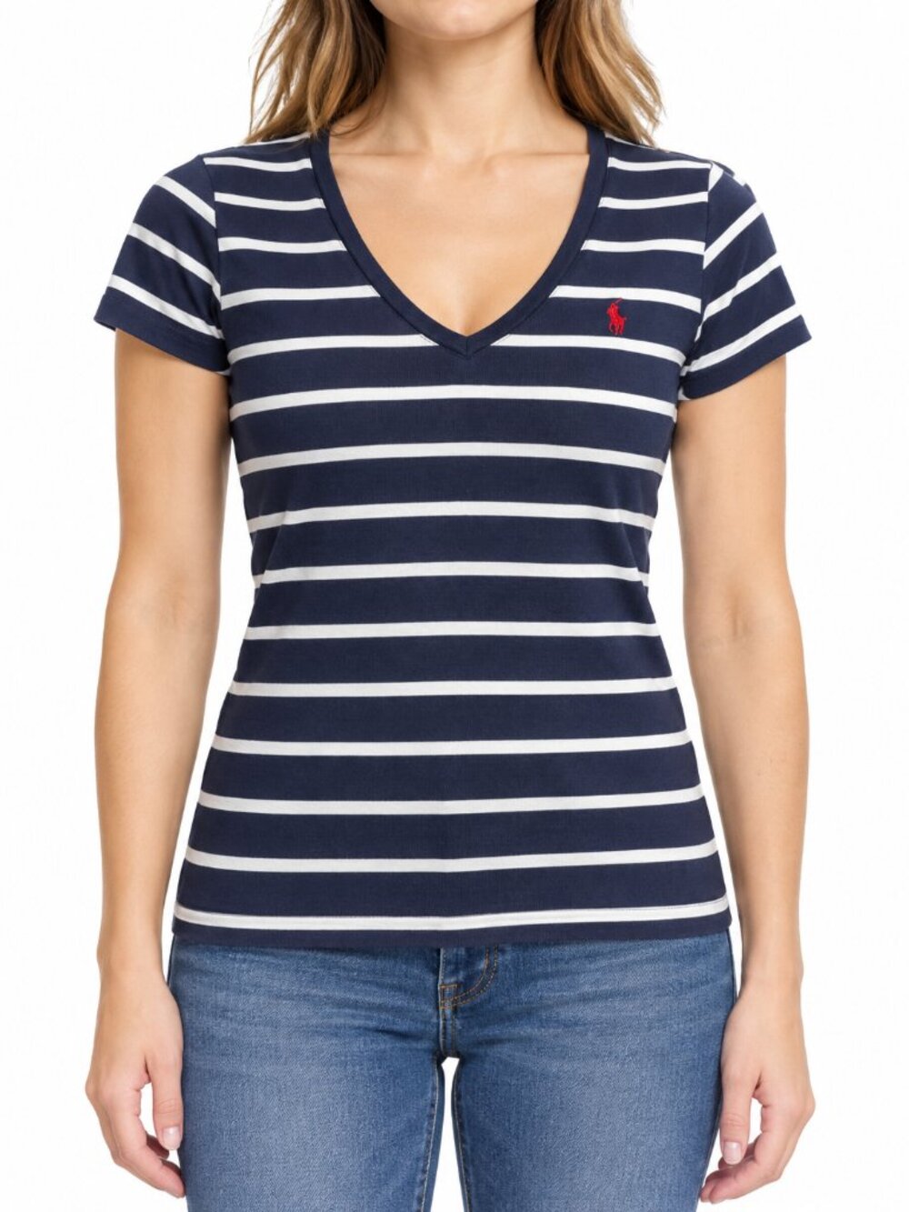 Ralph Lauren Sport Navy & White Striped V-Neck Tee Women’s M